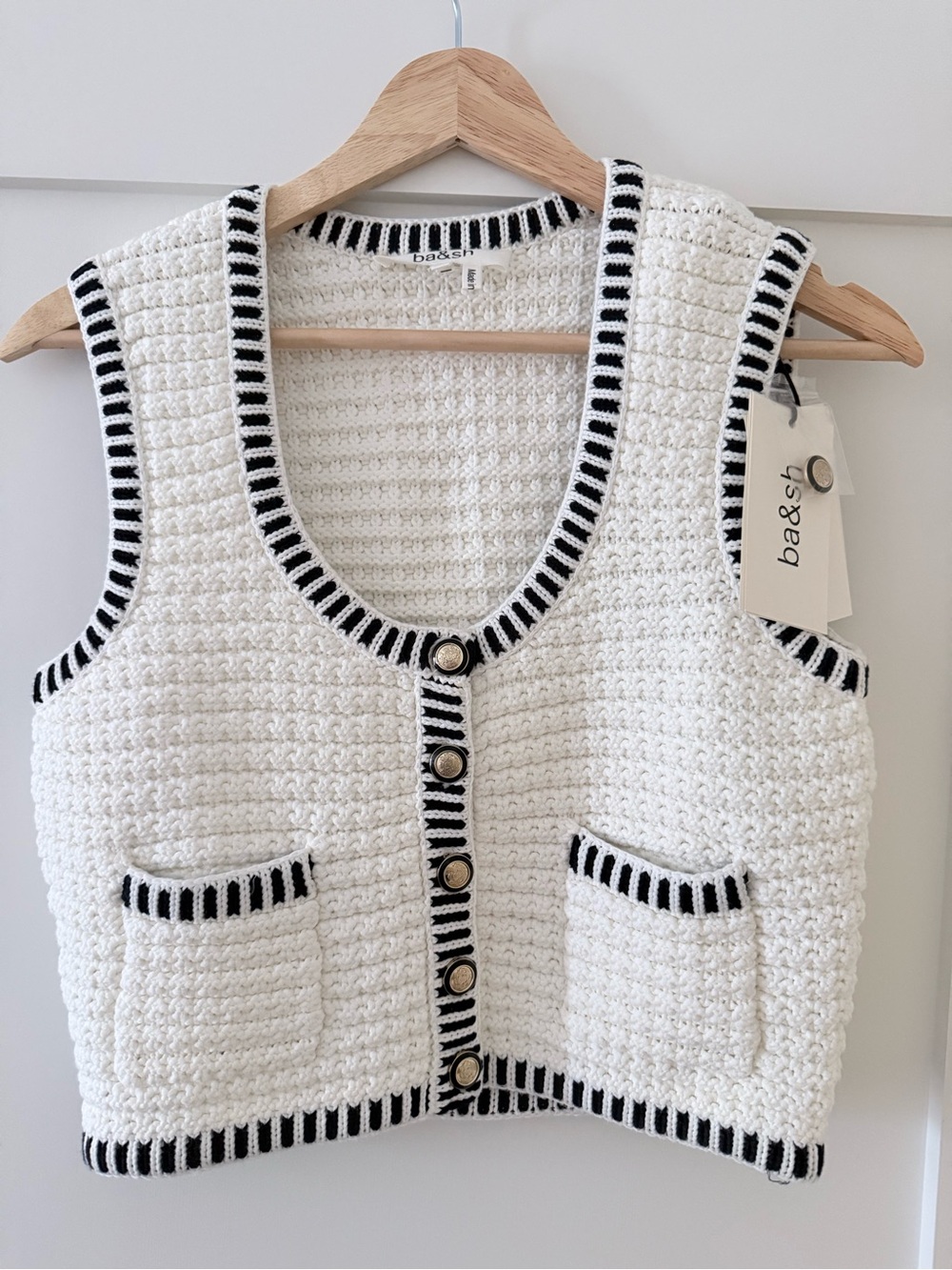 ba&sh White Cropped Knit Vest/tank with Black Trim New w Tags